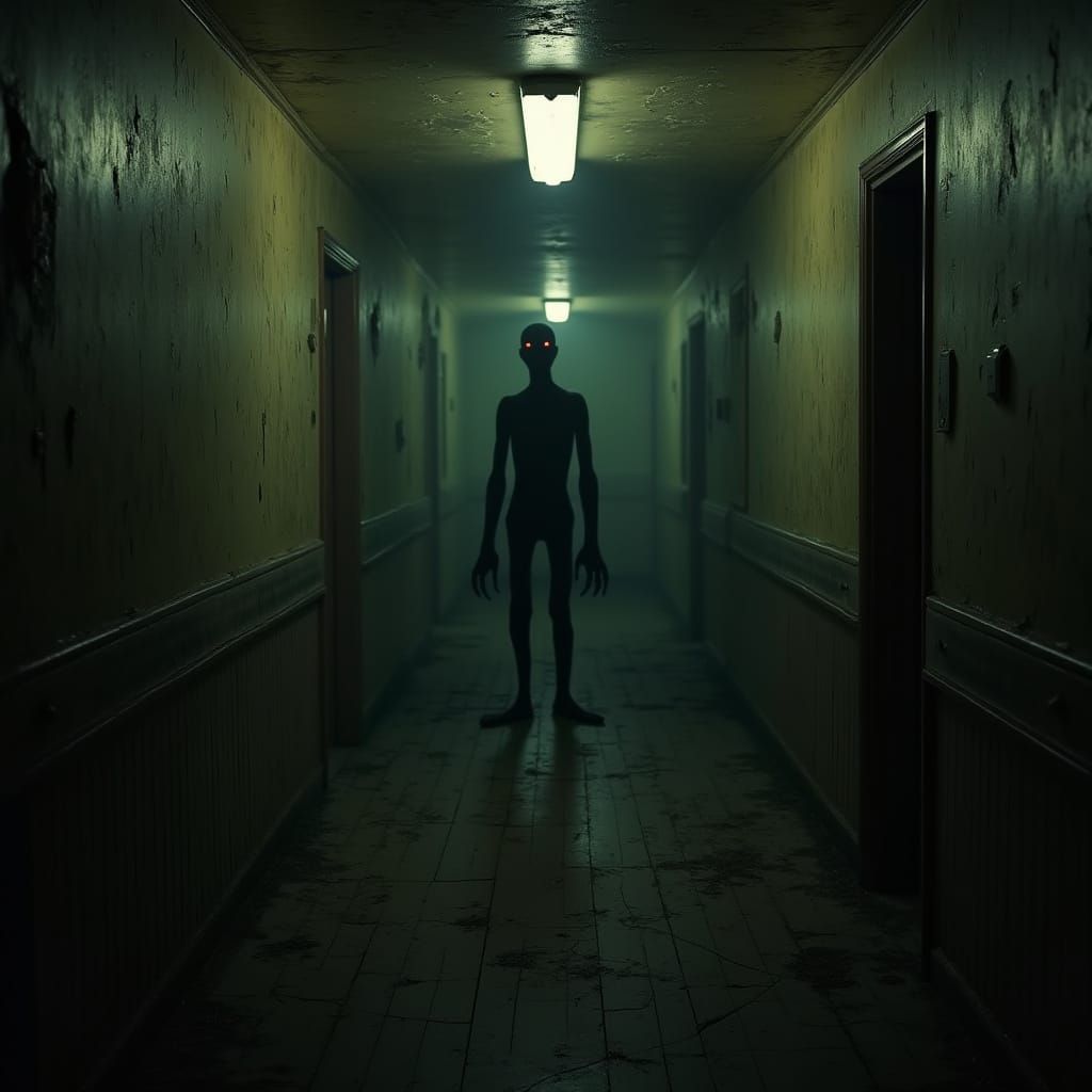 Eerie Abandoned House with Humanoid Shadow in Haunting Reali...