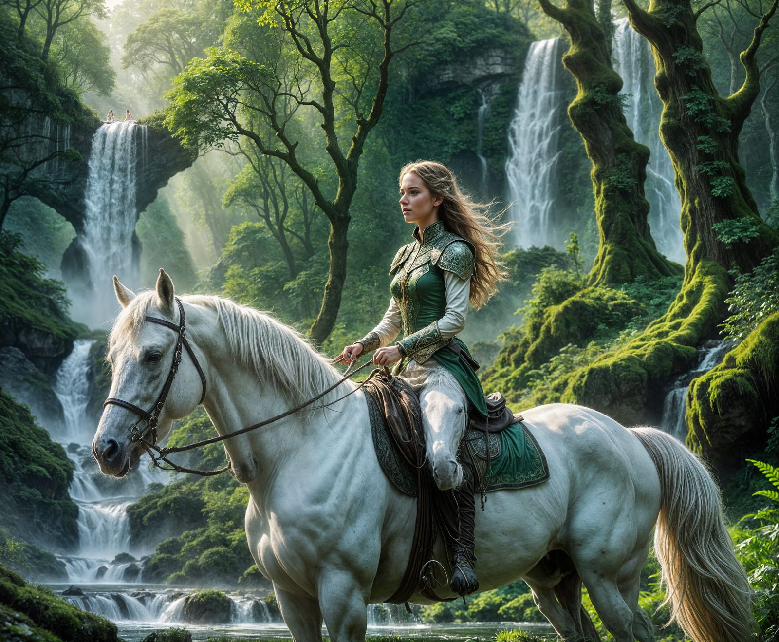 Ethereal Girl on White Horse in Mystic Forest