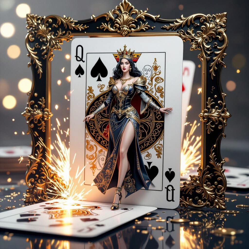 Queen of Clubs Emerges from Card in Ornate Frame