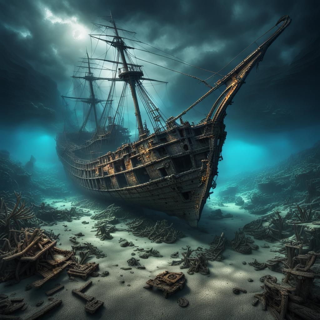 Mysterious Shipwreck on Ocean Floor in HDR