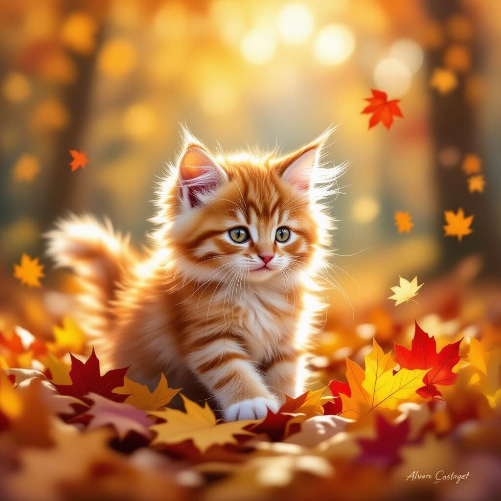Ginger Kitten Playing with Autumn Leaves in Watercolor Style