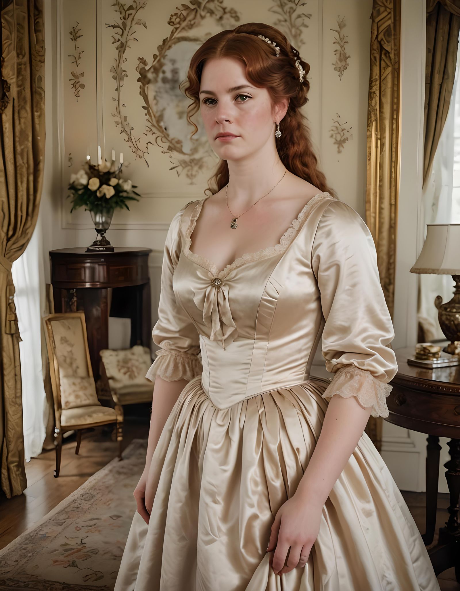Regency Woman in Cream Satin Dress Portrait