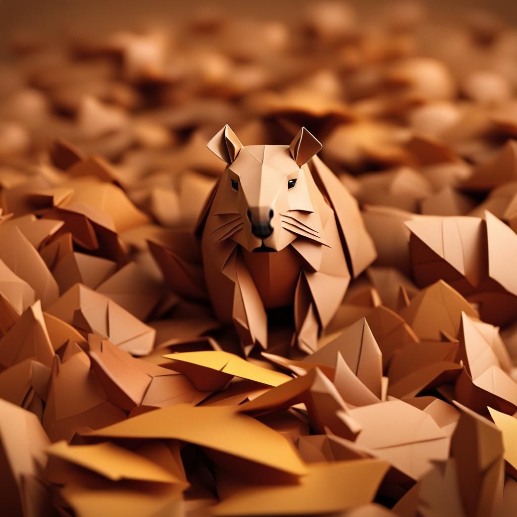 Capybara in Leaves: Origami Papercraft Style