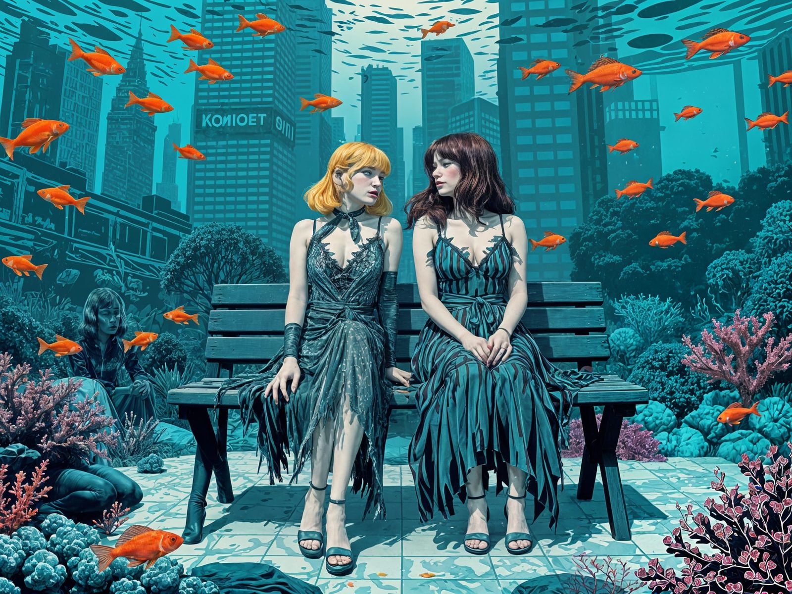 Underwater City Park Scene in Geometric Graphic Design