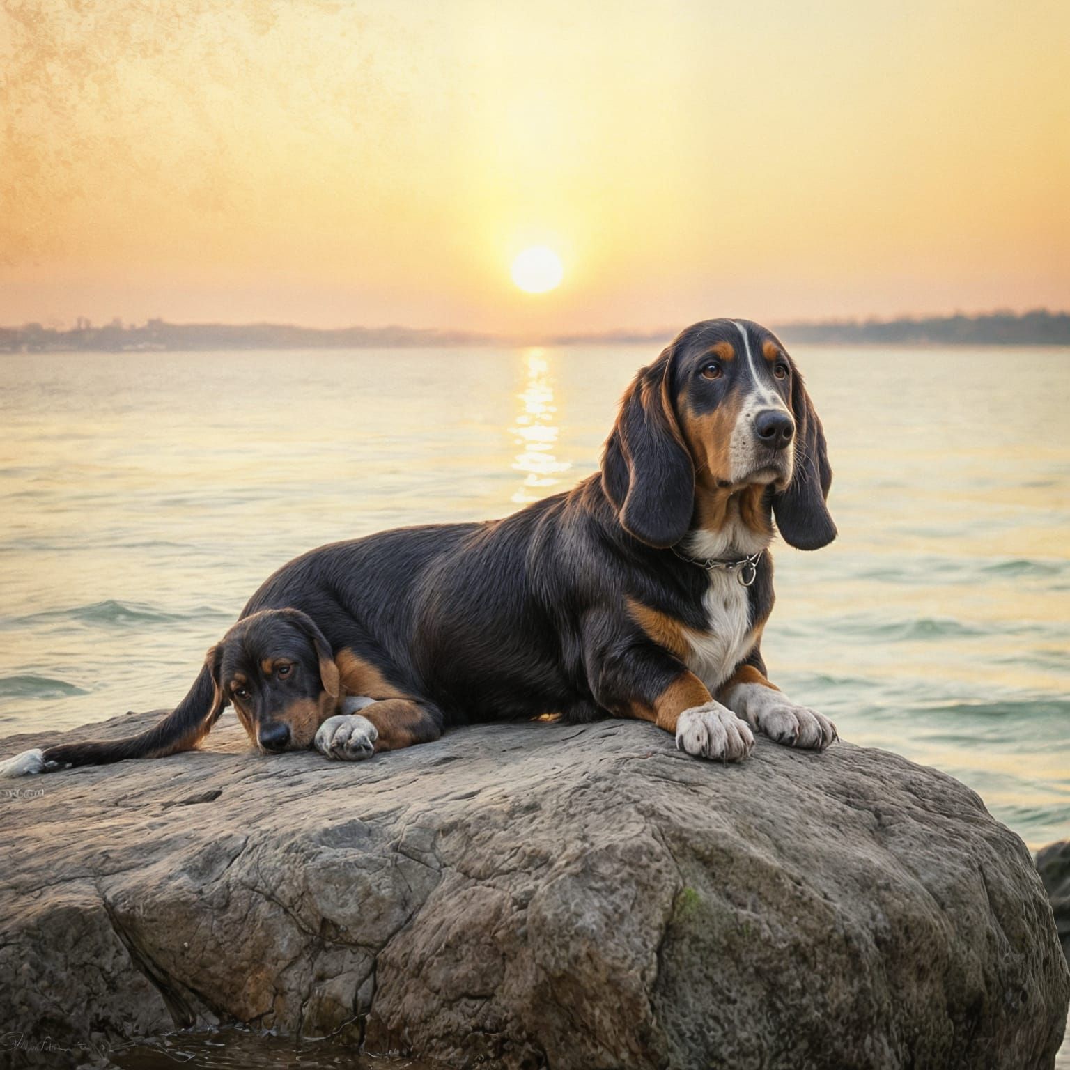 Basset Hound Lounging on Rock in Ethereal Golden Hour Painti...