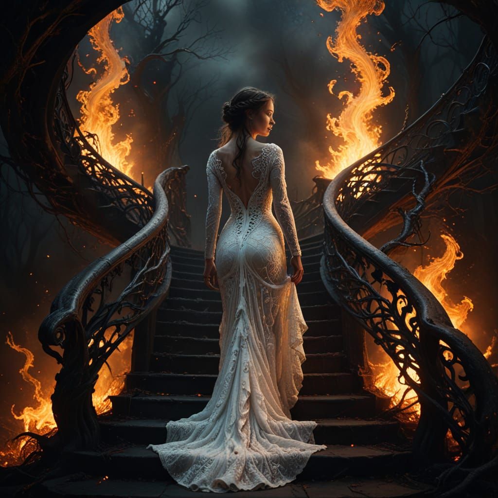 Surreal Goddess Descends into Fiery Abyss