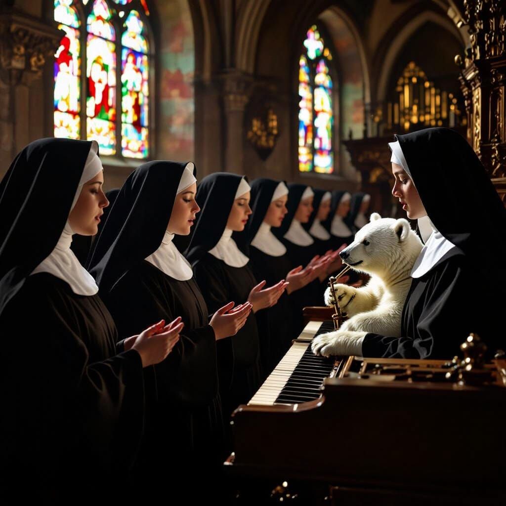 Medieval Nuns Singing Chant with Bear Playing Organ in Chiar...