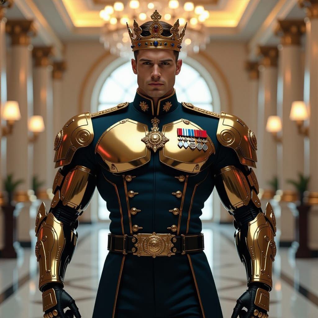 Muscular Cyborg Prince in Gold-Plated Uniform