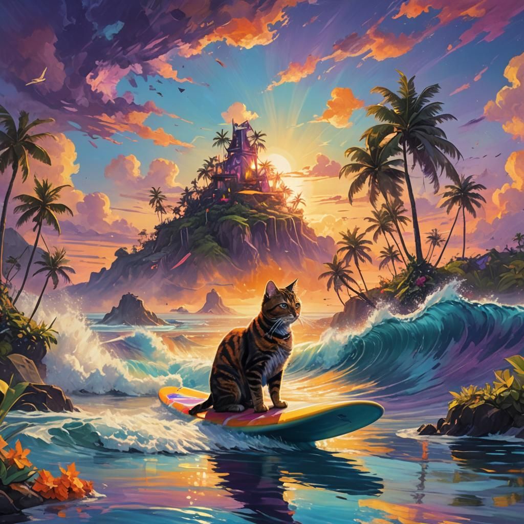 Cat Surfboard Fantasy Art in Triadic Colors
