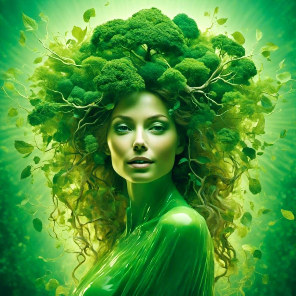 Translucent Green Woman Holding Ecosystem Roots