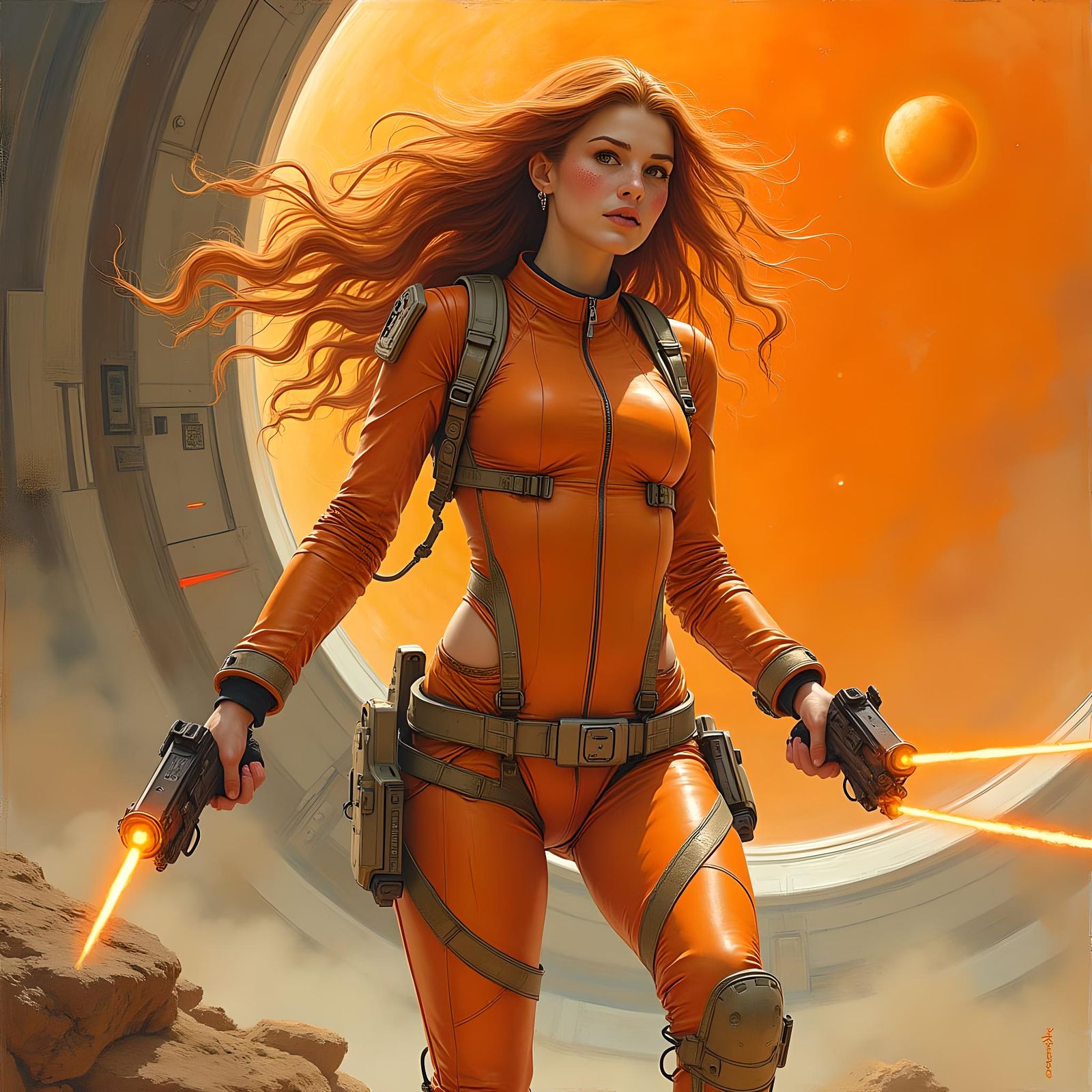 Space Adventuress Battles Orange in Spaceship, Pastel Illust...