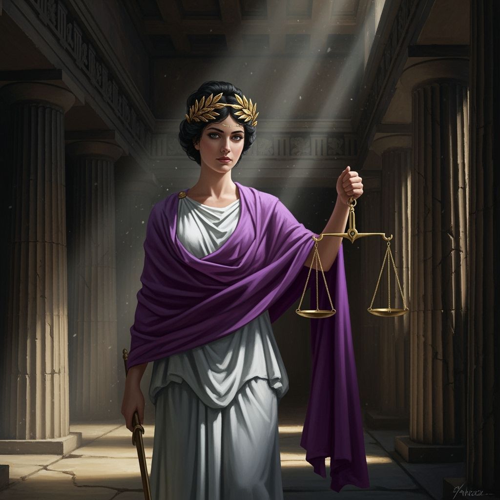 Dike, Goddess of Justice, in Grand Greek Temple