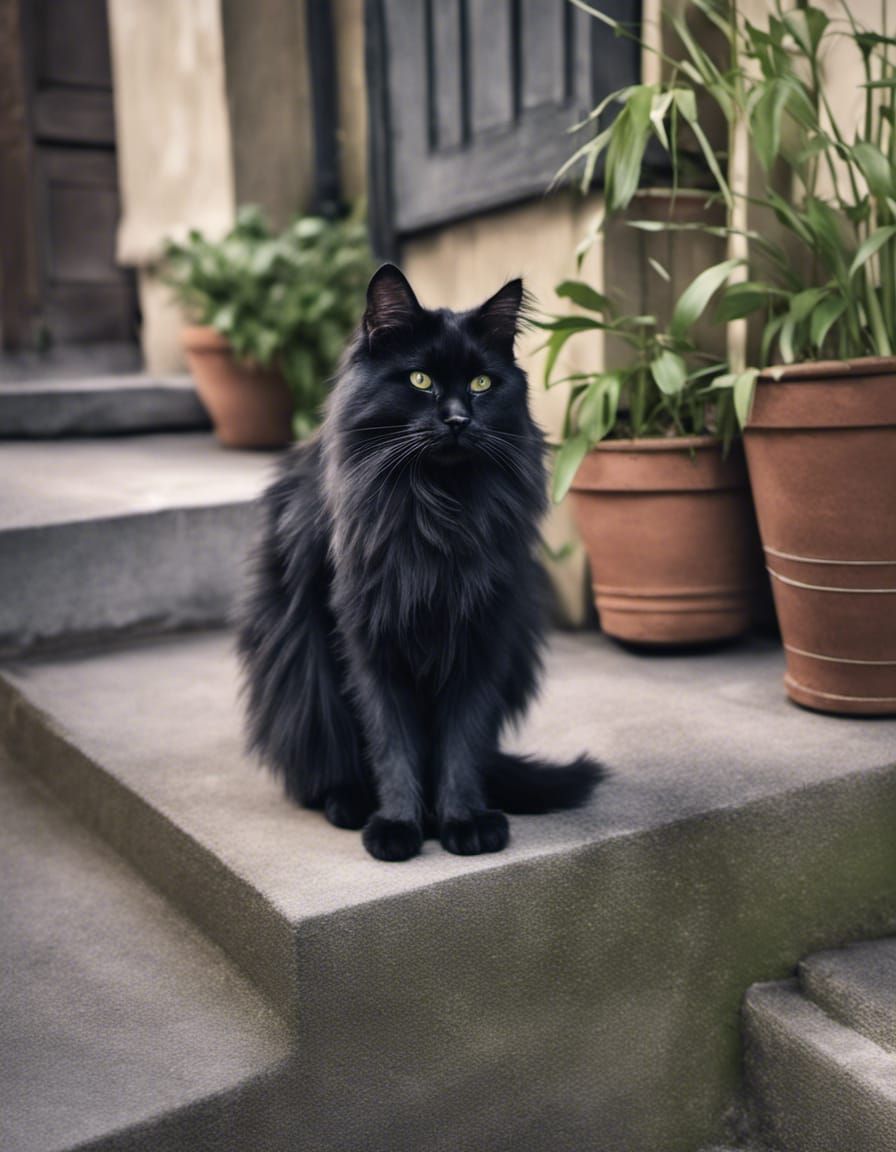 Hyperrealistic Portrait of a Fluffy Black Cat