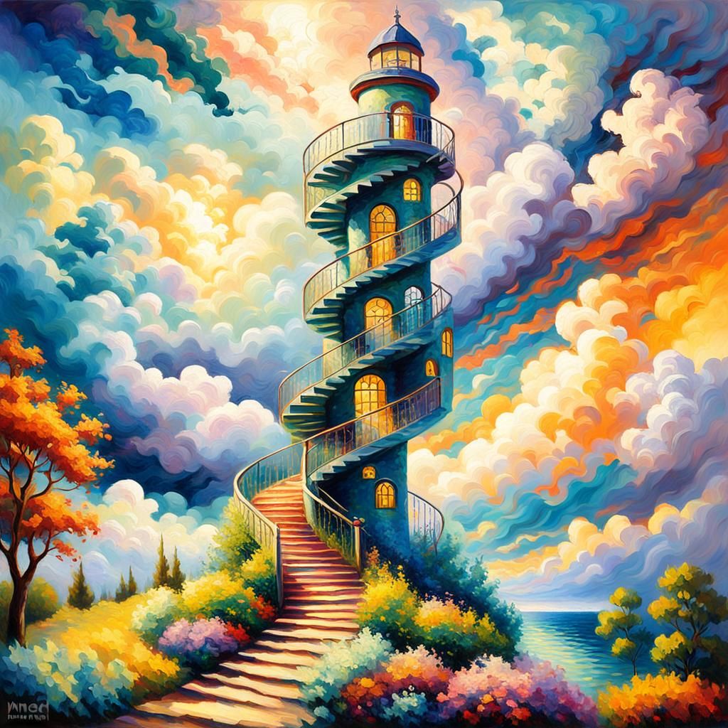 Ethereal Spiral Staircase in Neo-Impressionist Style