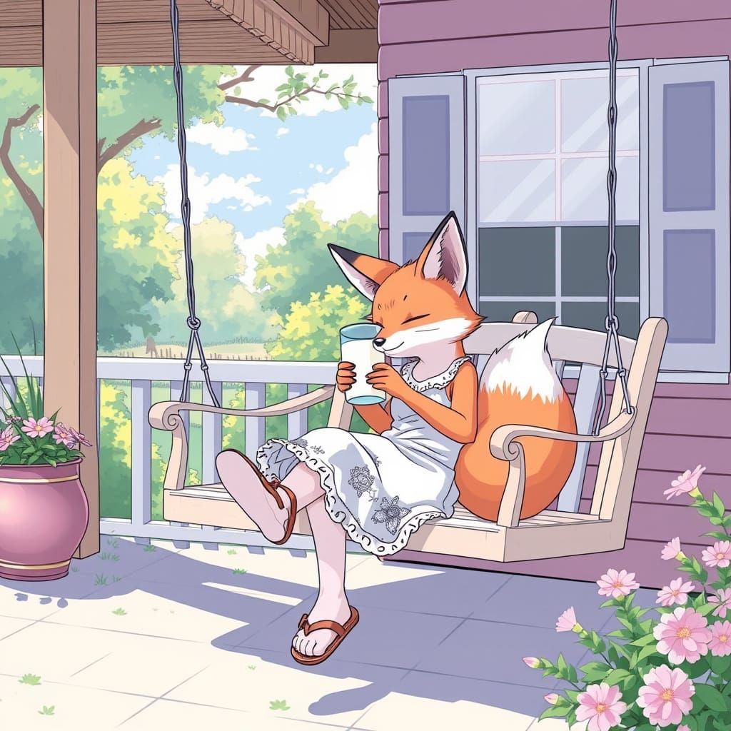 A Relaxed Fox is drinking milk at her summer home manga style