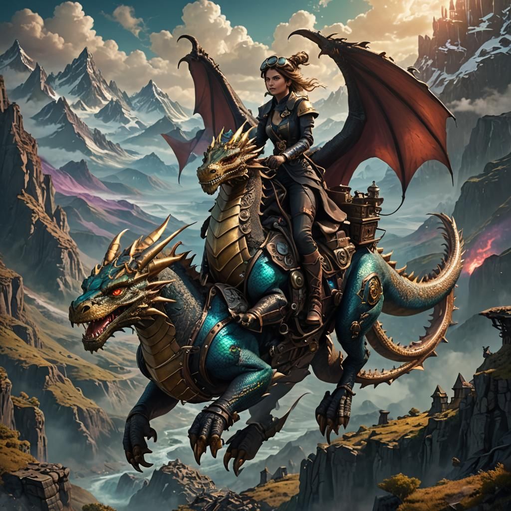 Steampunk Girl Riding Dragon Under Aurora Borealis