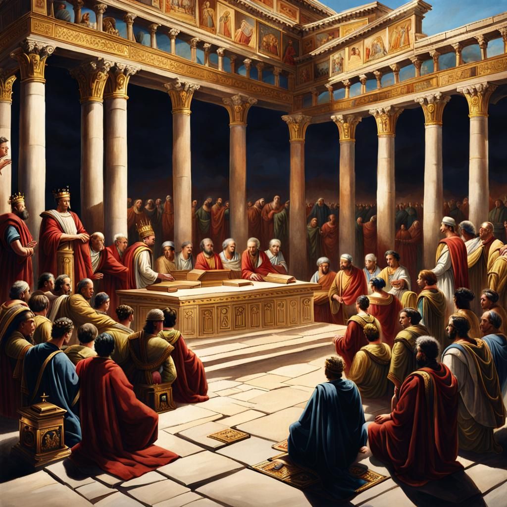 A Roman temple filled with Kings , queens attending a prayer...