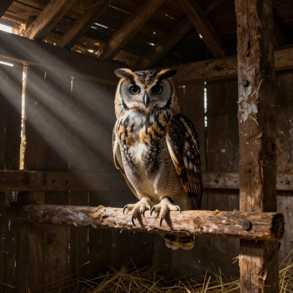Horned Owl on Perch in Barn, Barnaby Furness Style