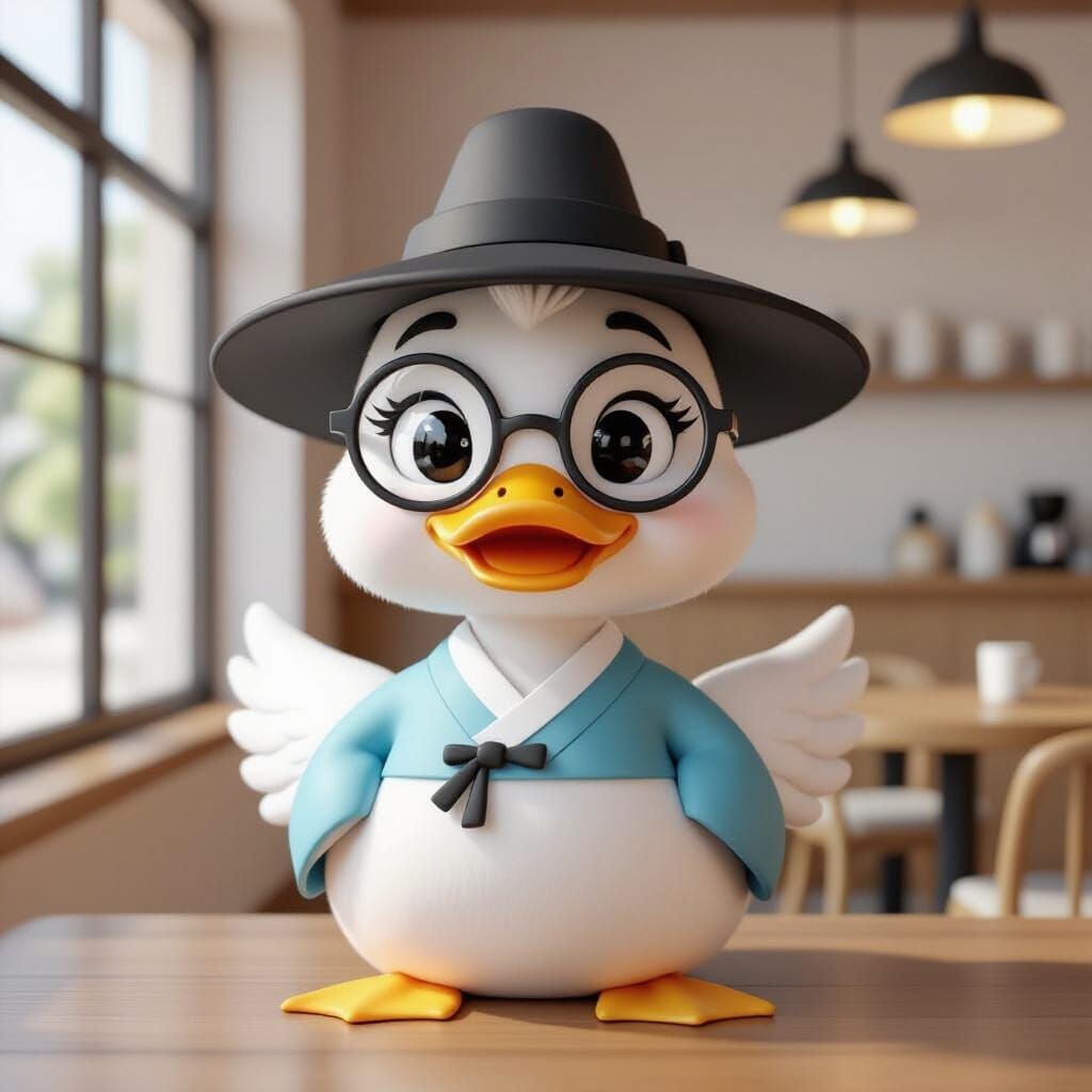 Cute Duck in Hanbok at Korean Cafe, 3D Render