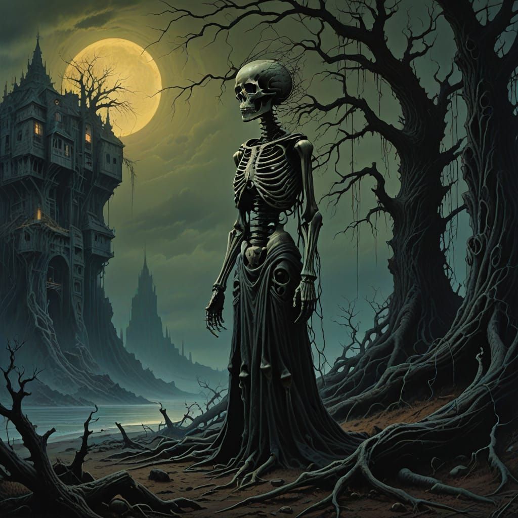 Ethereal Skeleton Sorceress Amidst Twisted Trees