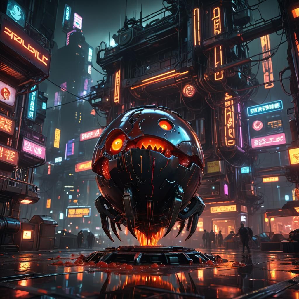 Cyberpunk Killer Meatball in Sci-Fi Cityscape