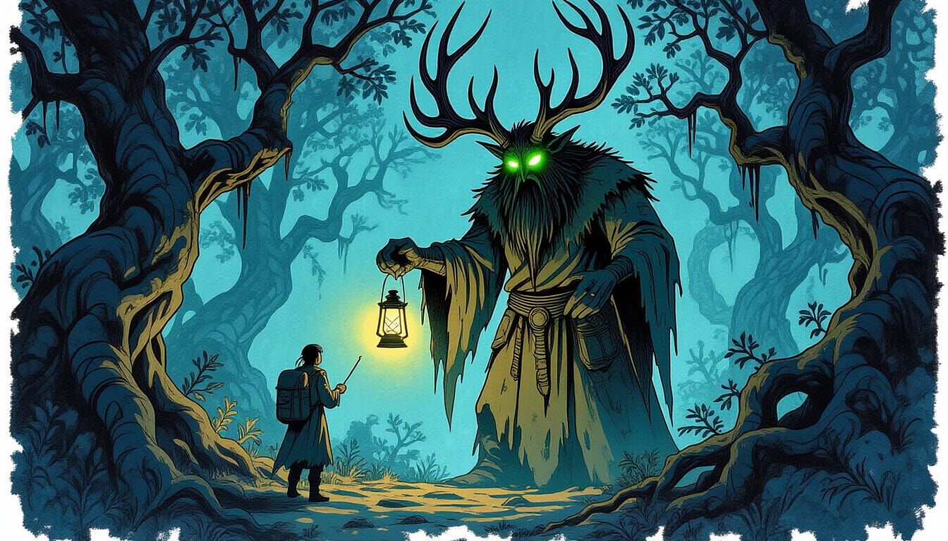 Antlered Giant Lights Lanterns in Dark Fantasy Forest