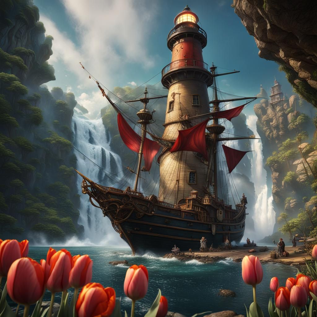 Fantastical Landscape with Tulips, Cats and Pirate Ship