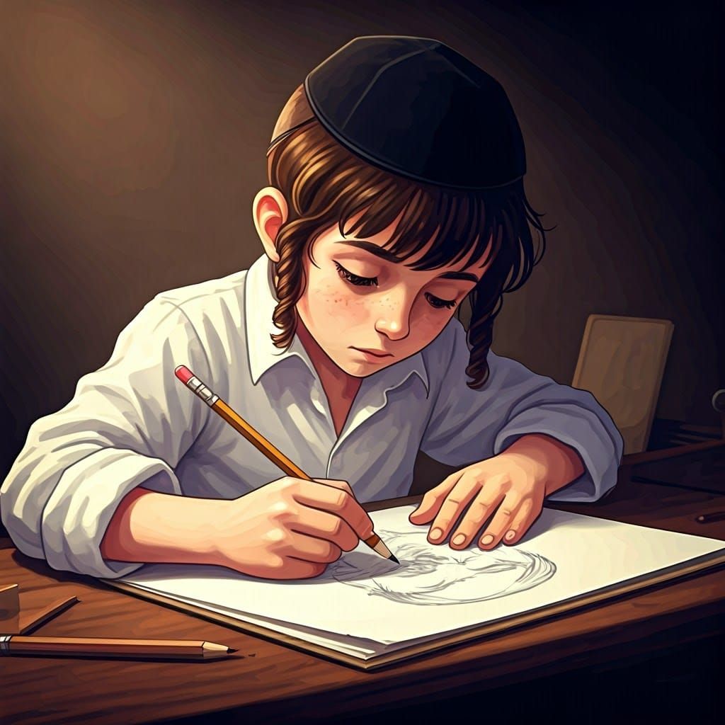 Young Boy Drawing Himself in Cel-Shaded Style