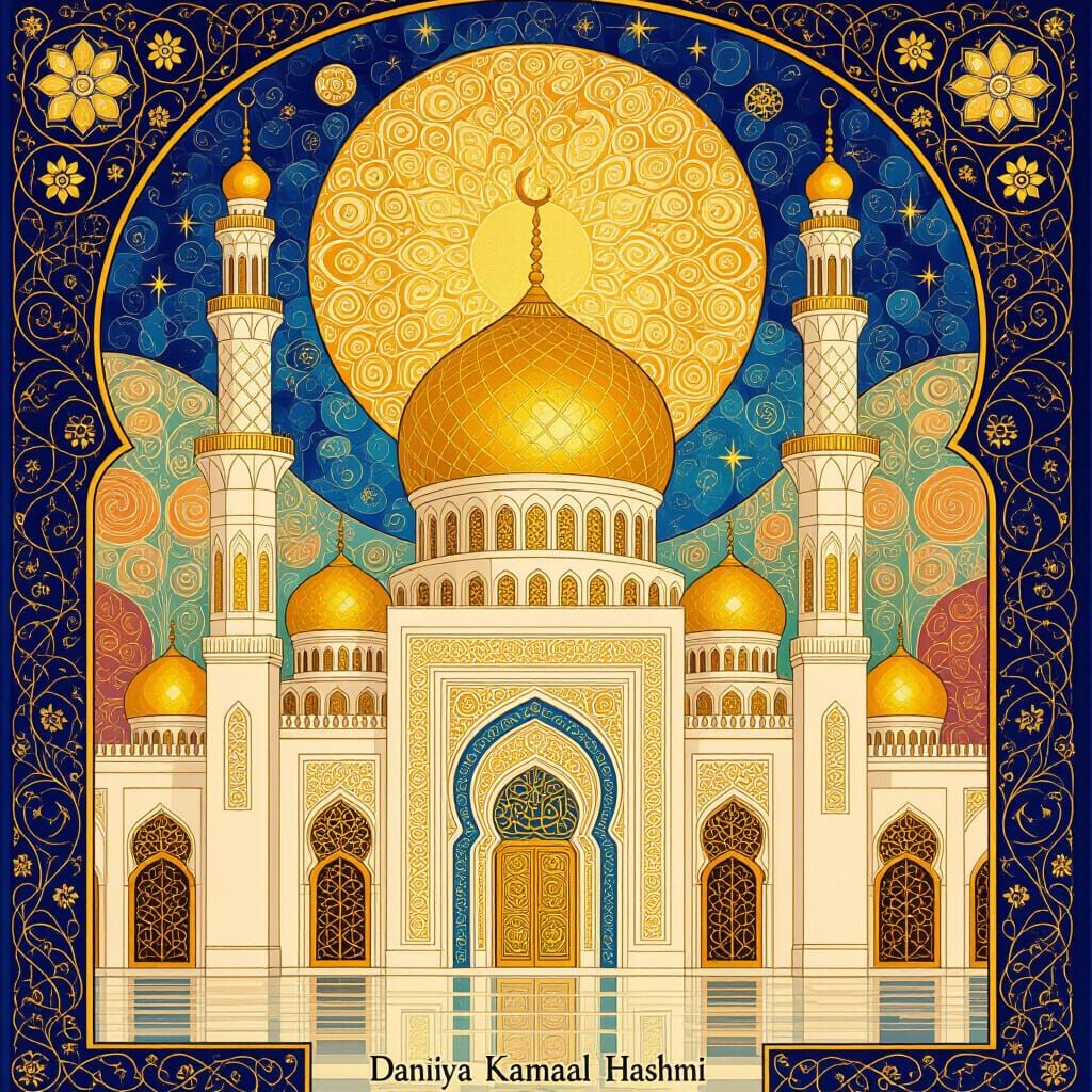 Majestic Mosque with Golden Domes in Klimt-Inspired Style