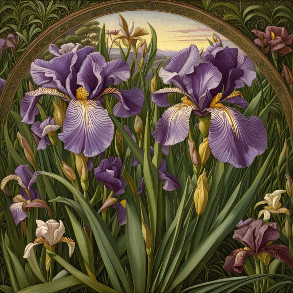 Irises in Pre-Raphaelite Style Digital Painting