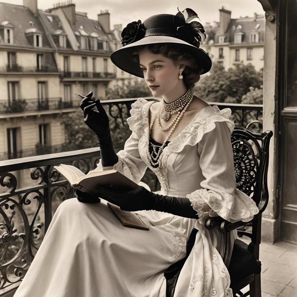Aristocrat Reading on Balcony in Belle Epoque Paris