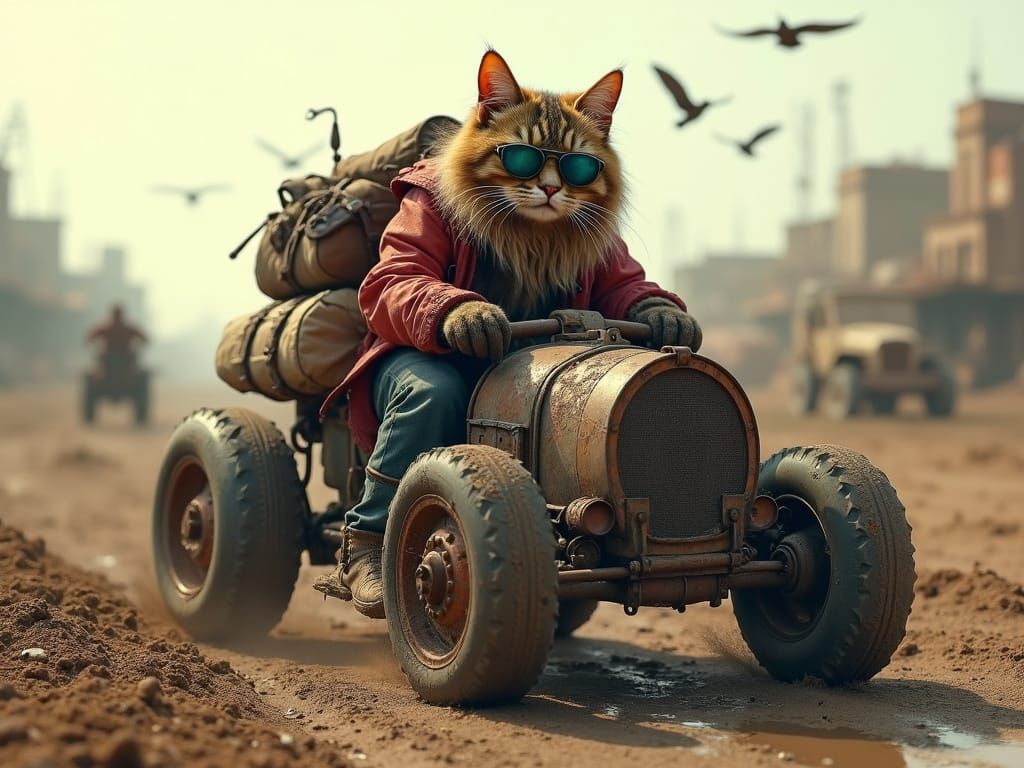 Feral Cat Rides Mad Max Wasteland Vehicle