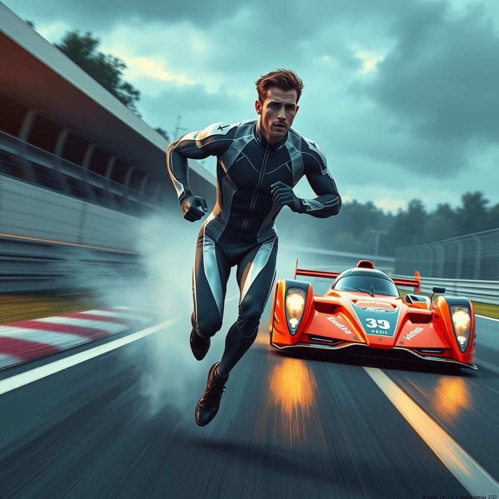 Man Runs Beside Formula One Car on Le Mans Circuit in High-T...