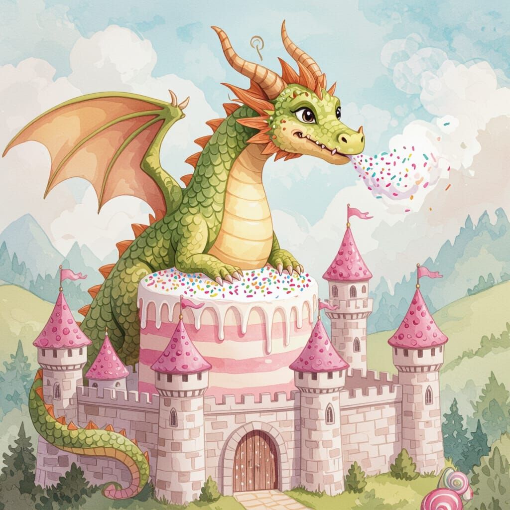 Colossal Cake Dragon Guards Candy Fortress in Watercolour