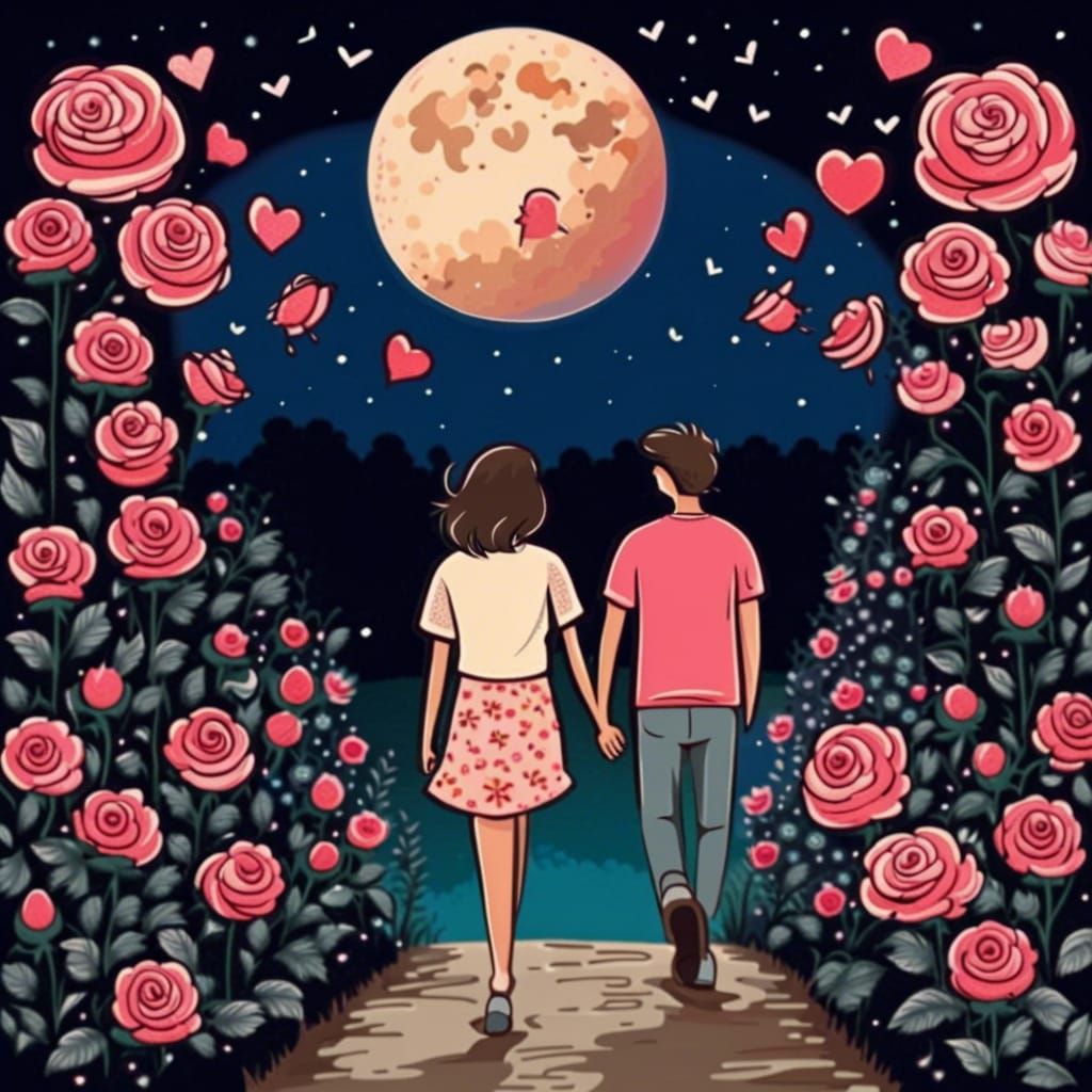 Romantic Anime Couples Strolling Under Moonlight