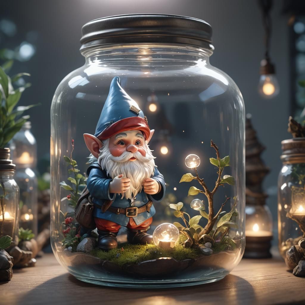 A gnome trapped in a glass jar magical lighting, wide angle lens, hyper detailed, 8k. By artist "anime", 3d anime art, i...
