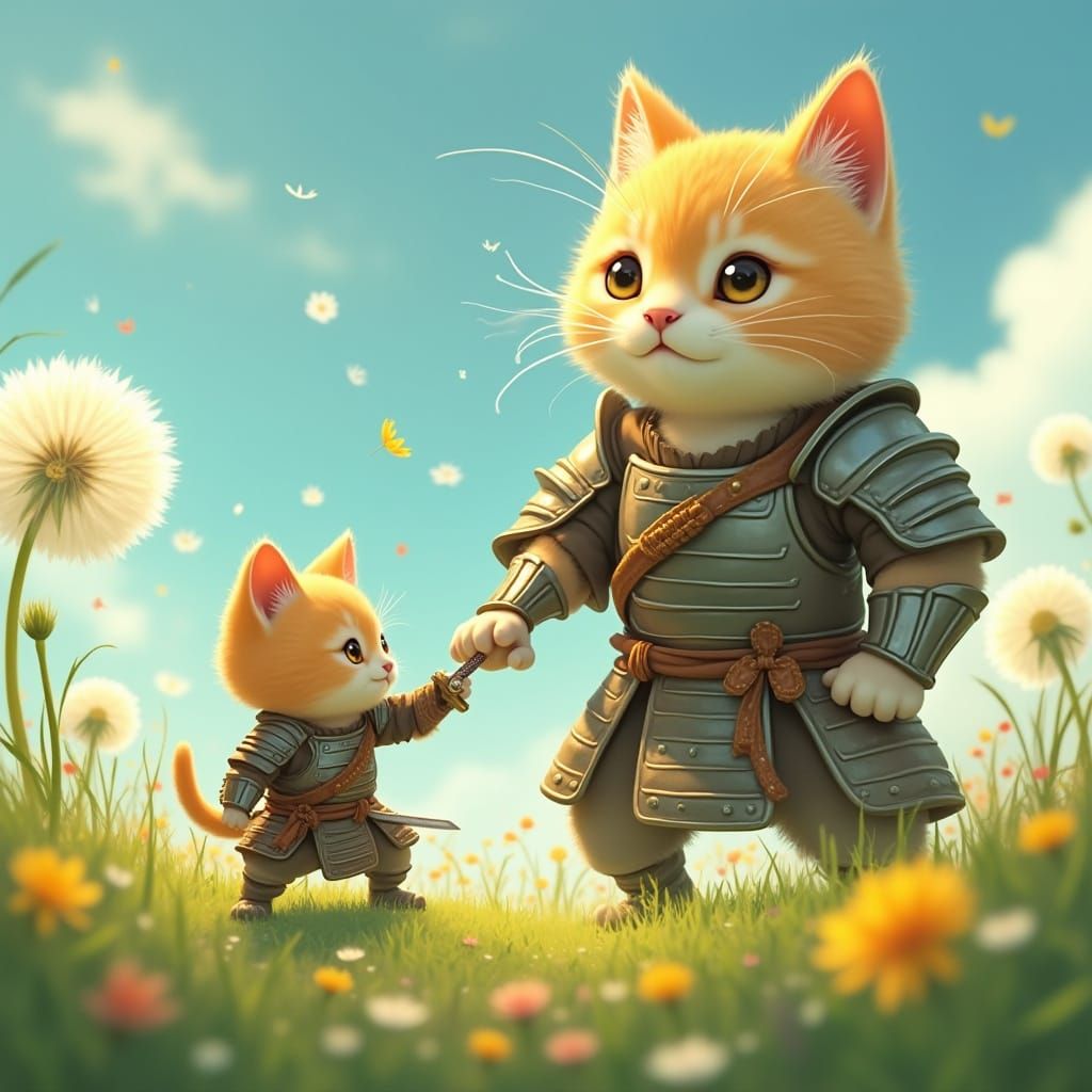 Kitten Samurai Battles Dandelion Monster, Ghibli-Inspired