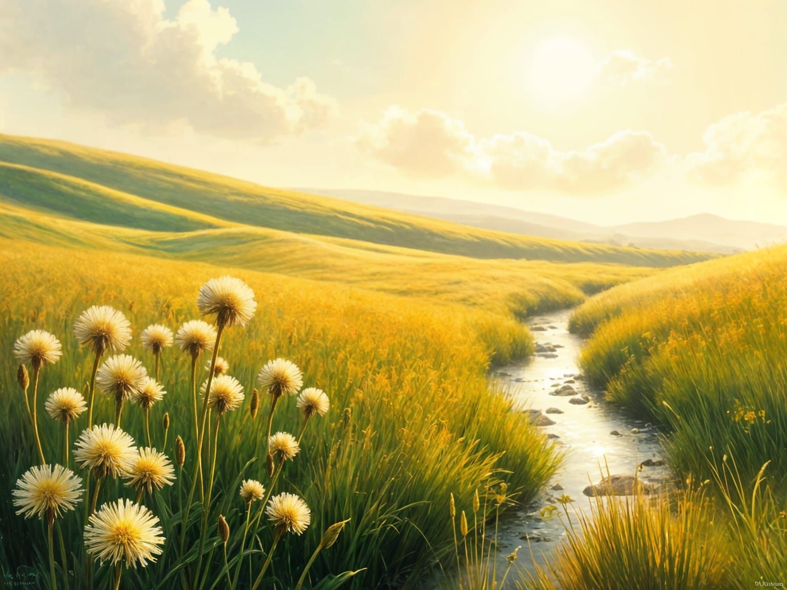 Serene Meadow with Giant Glowing Dandelions