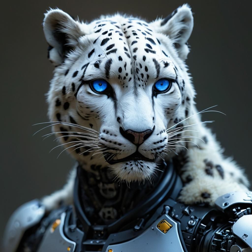 Photorealistic Snow Leopard Cyborg with Blue Eyes