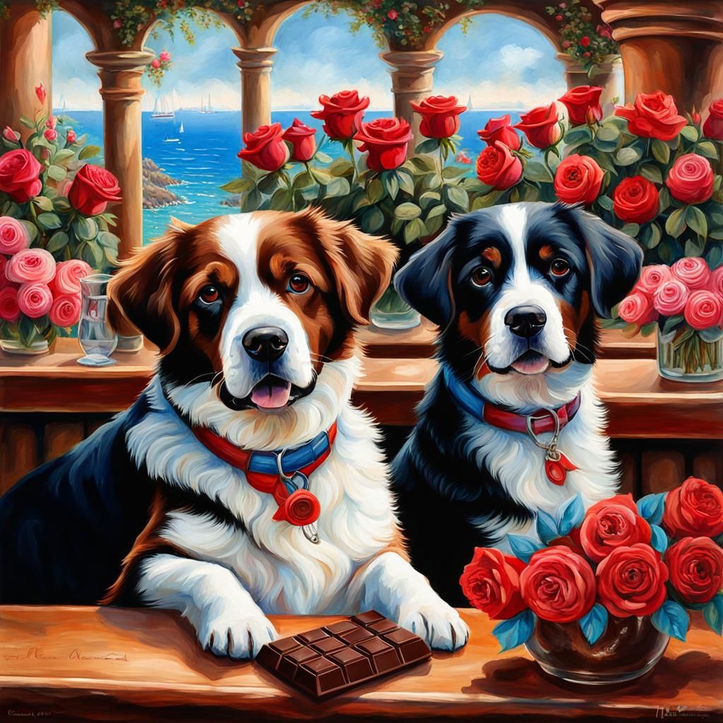 Dogs, Chocolate, and Roses in Gouache Watercolor