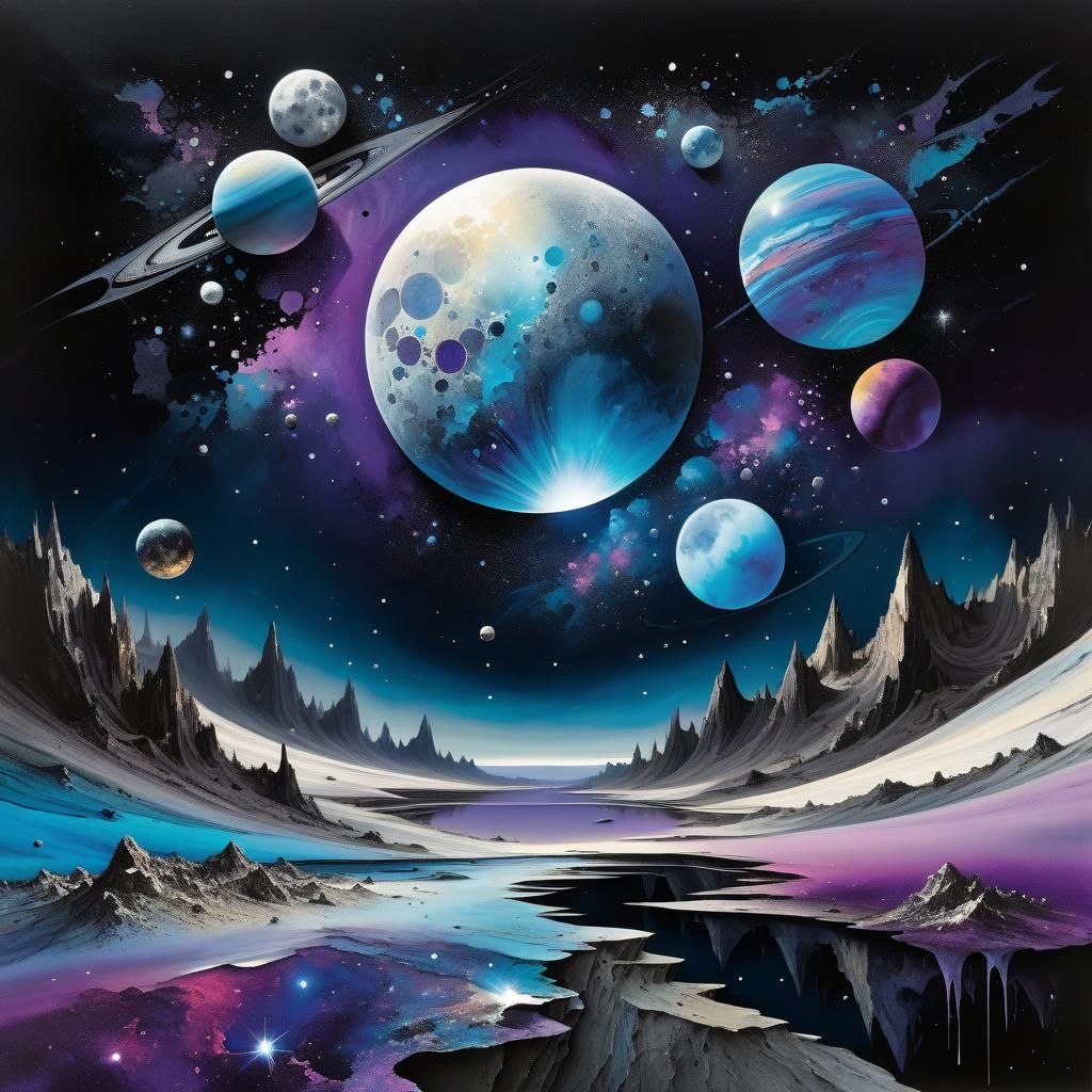 Cosmic Moonscape Collage Art with Distant Planets