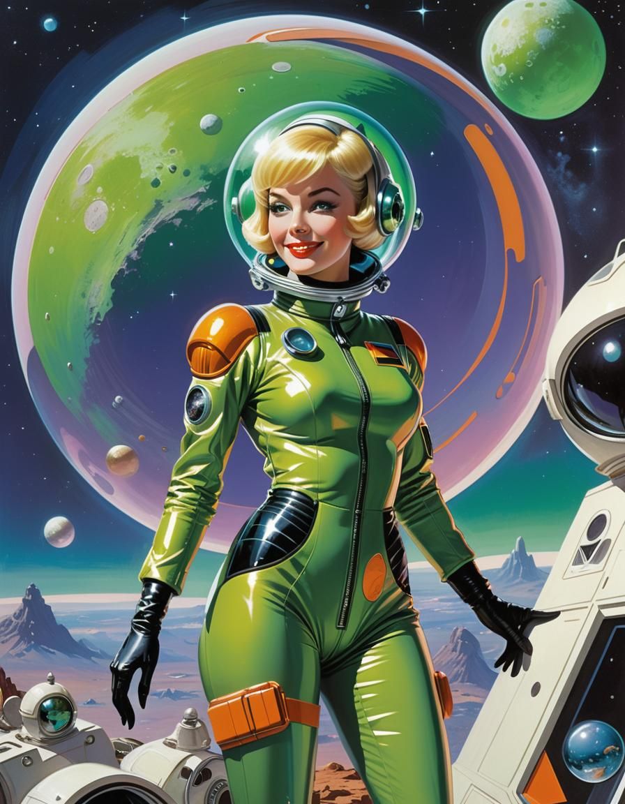 Retro Sci-Fi Pinup Space Woman on the Moon