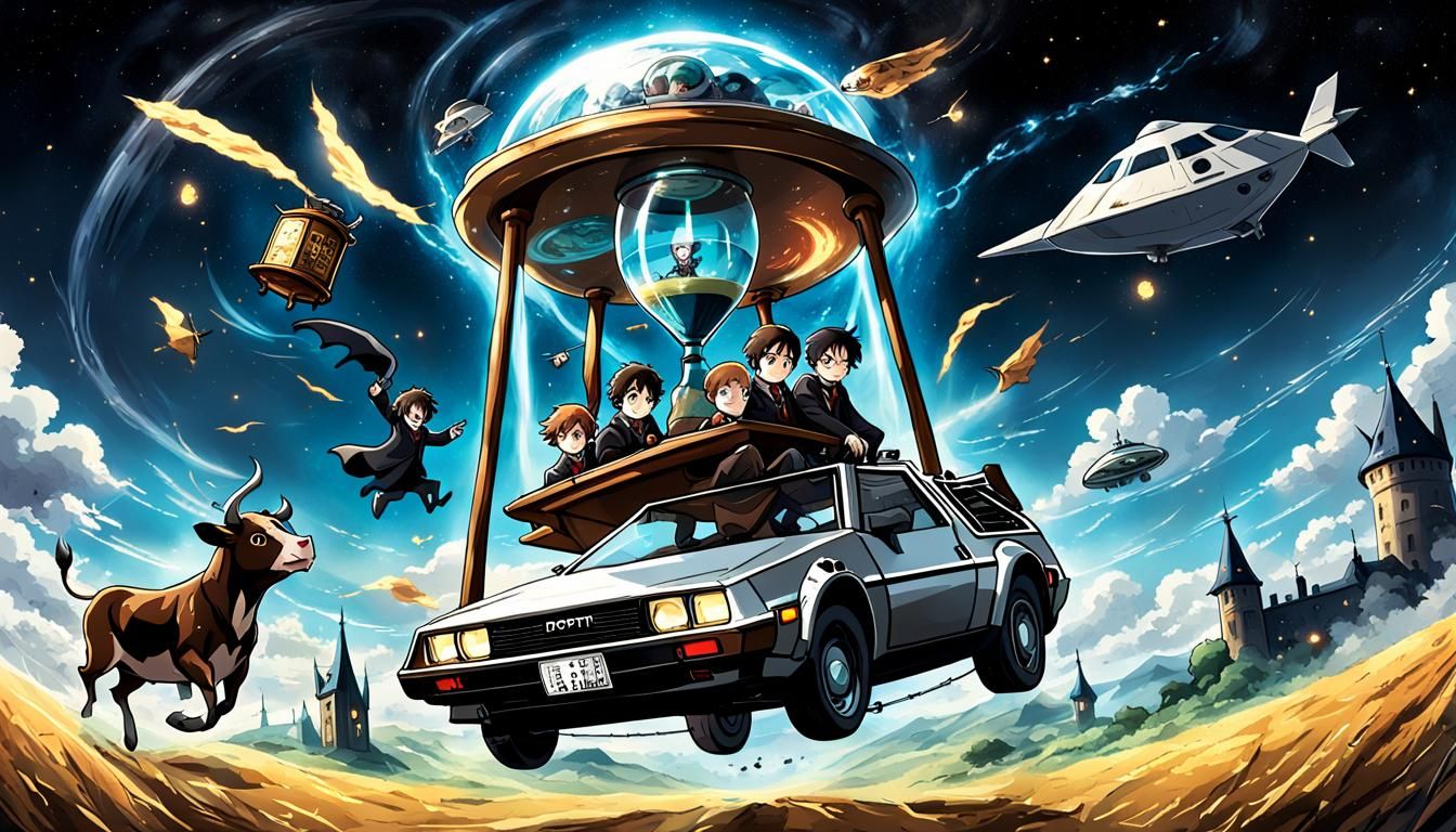 Flying DeLorean with gigantic hourglass behind, also with castle and spaceship in the background