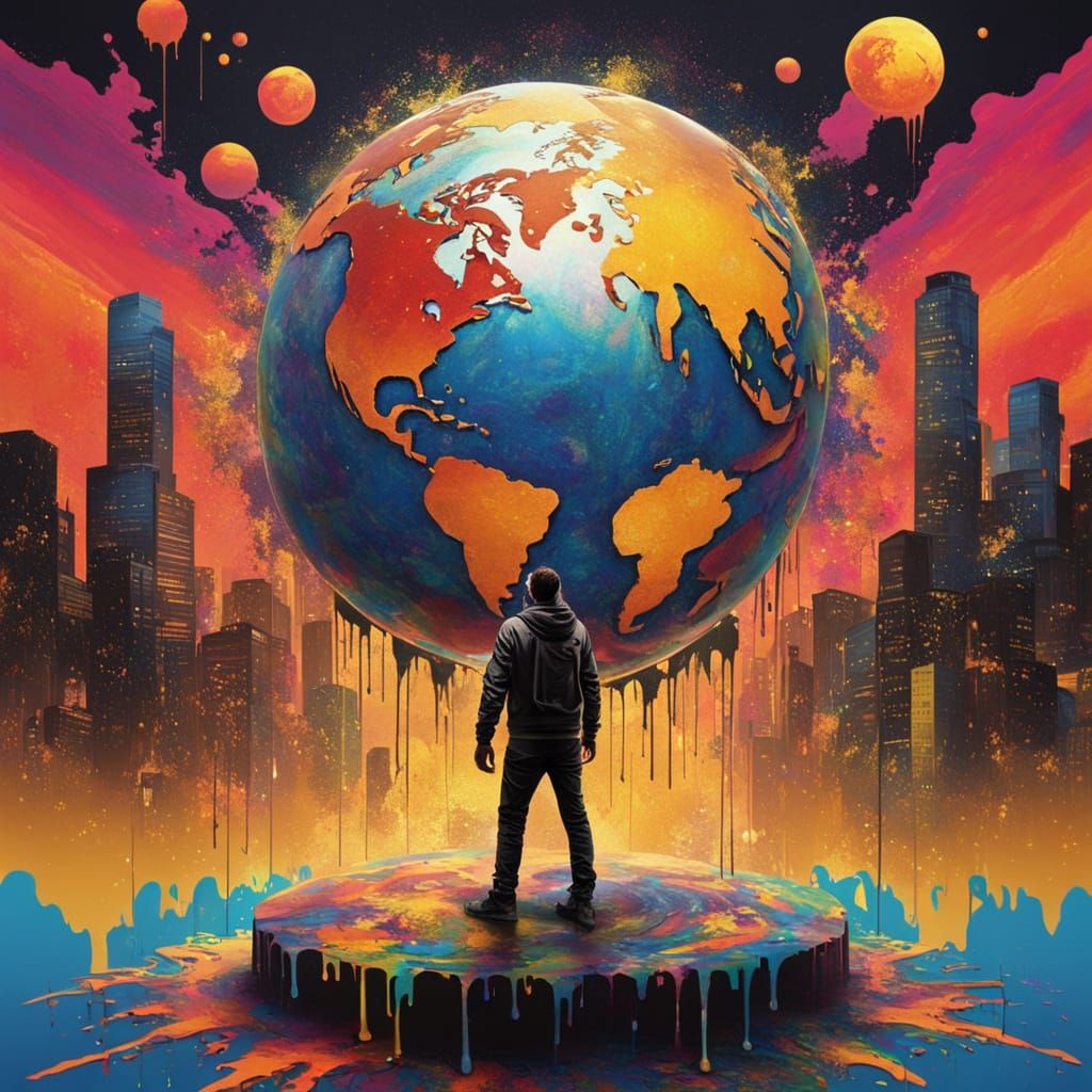 Atlas Holding World in Polychromatic Street Art