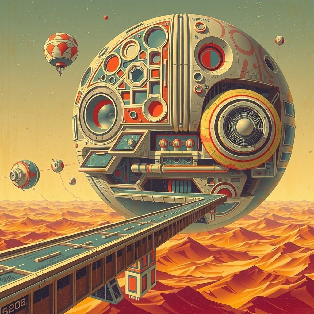 60s Sci-Fi Liminal Space Masterpiece in Vibrant Triadic Colo...