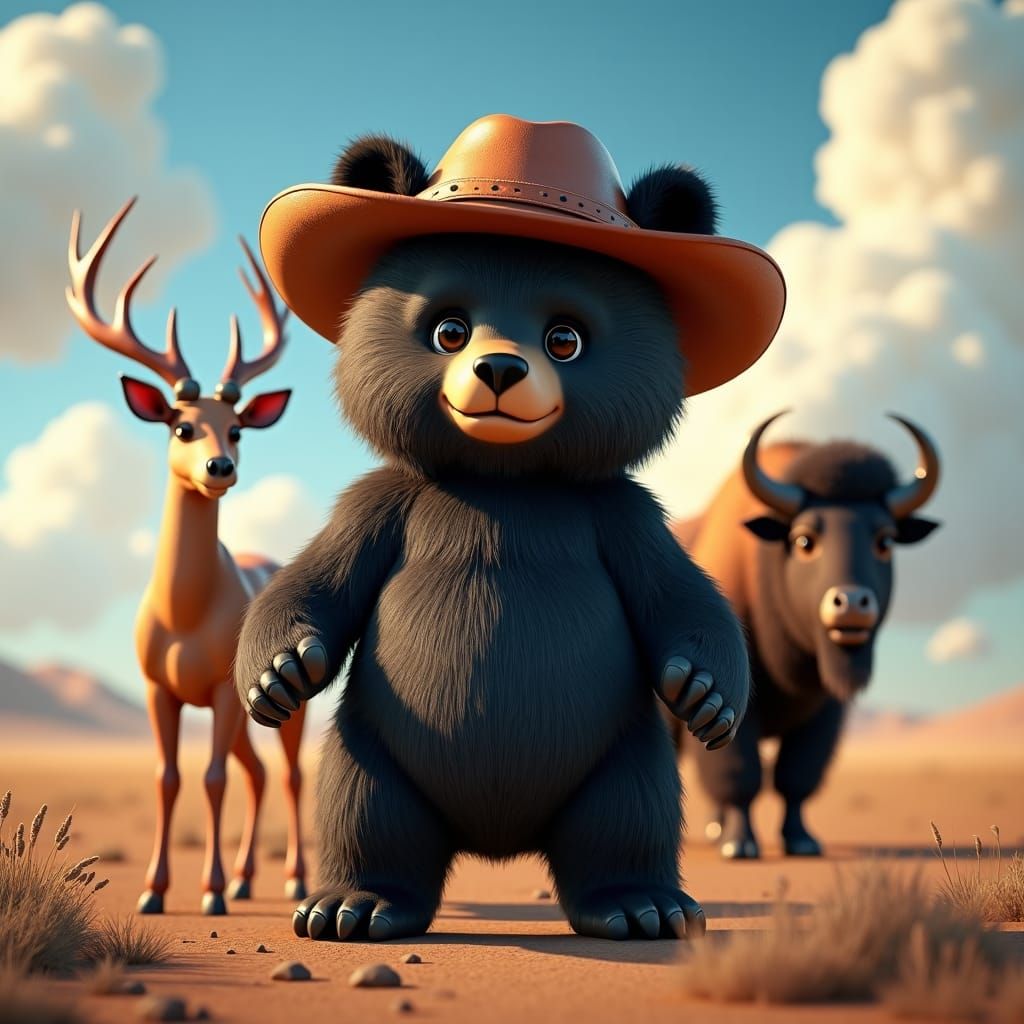 Hyperrealistic, cute, adorable, fluffy big black bear stands...