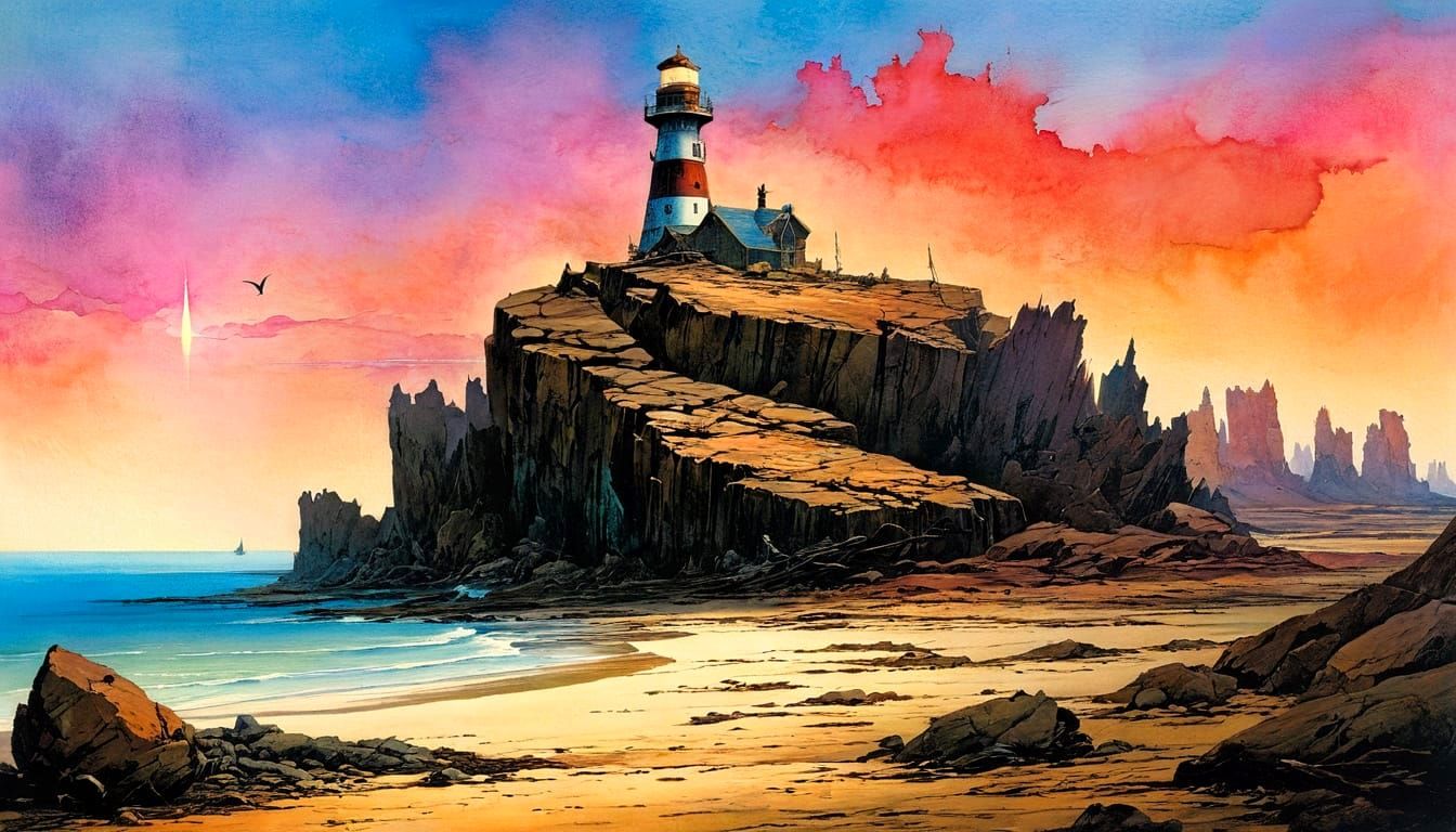 Dystopian Desert Lighthouse with Abandoned Sailboat