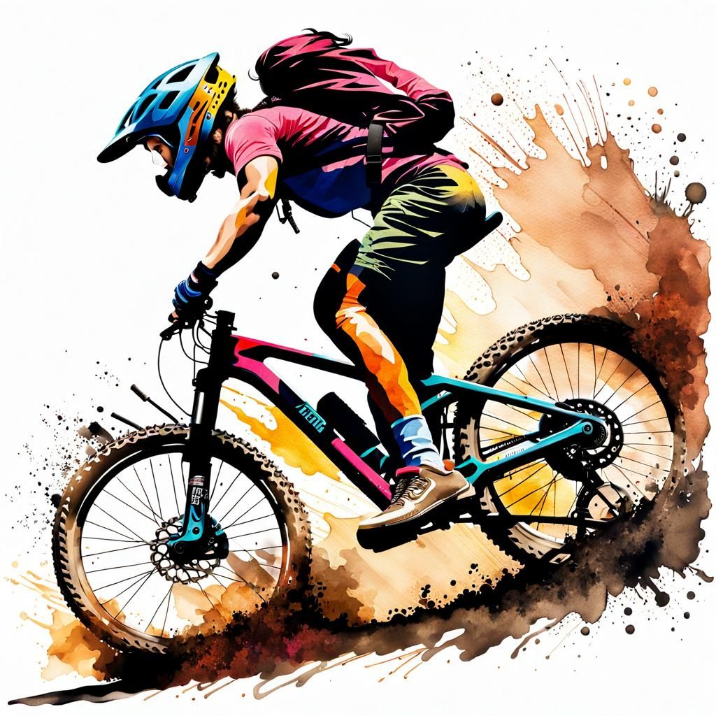 Abstract Watercolor Portrait of a Mountain Biker