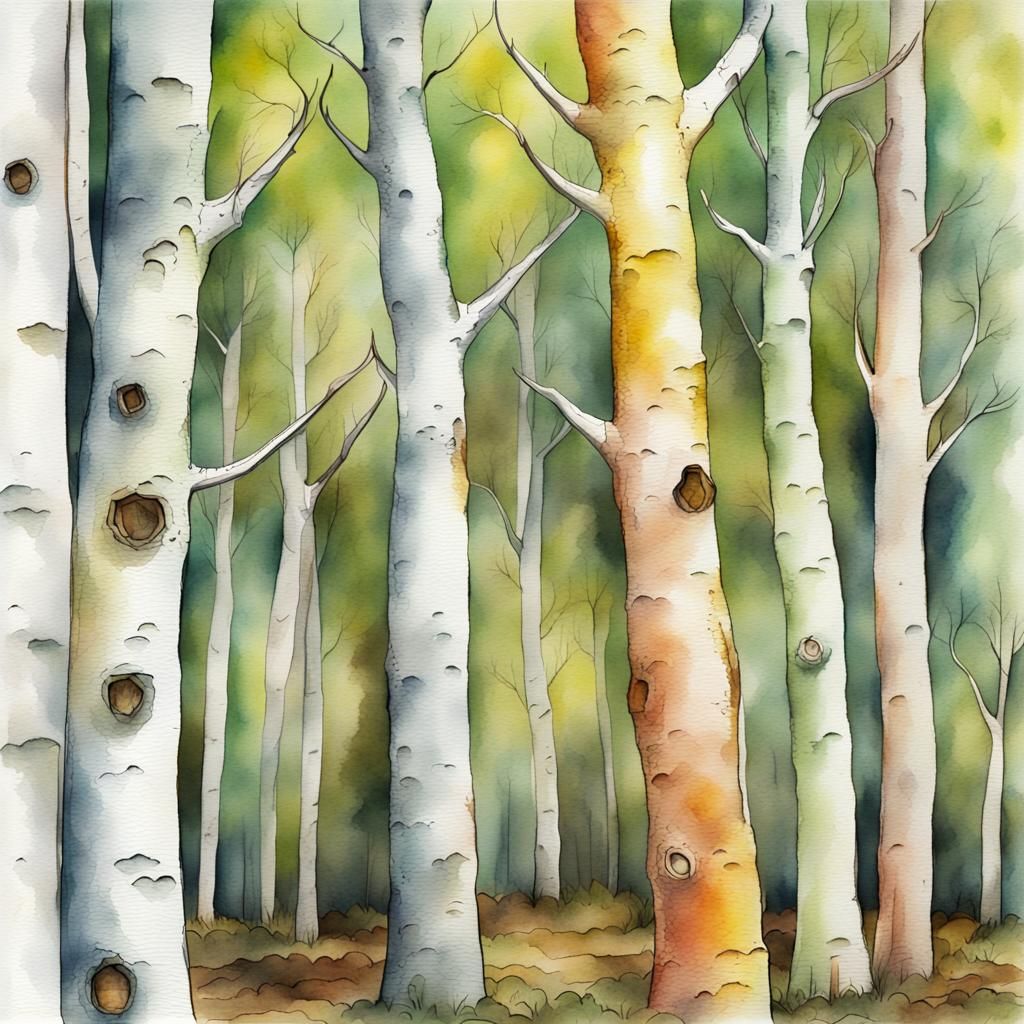 Aspen Tree Forest, Detailed Aspen Tree Bark,  Watercolor Ill...