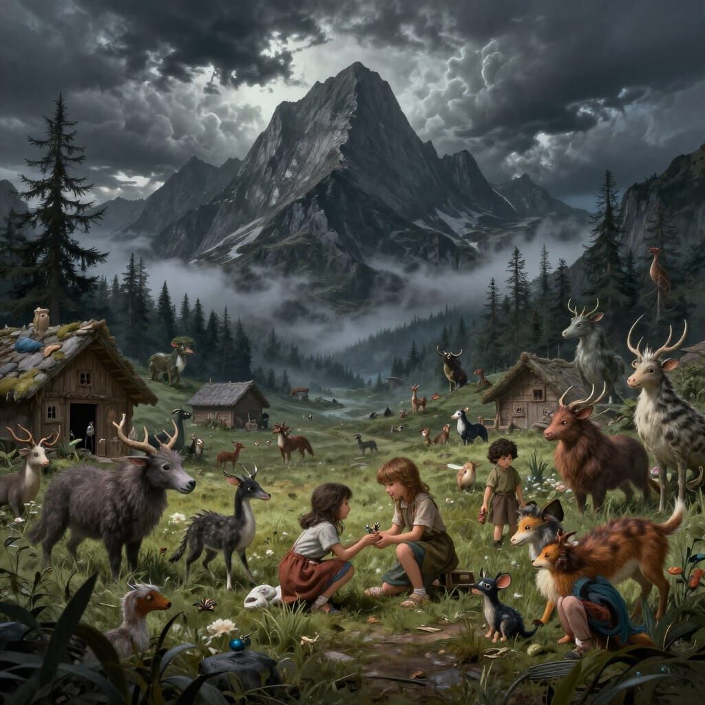 Enchanted Mountain Farm with Magical Creatures and Children